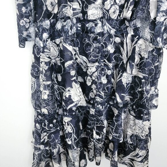 Marchesa Notte Floral-Print Tiered Midi Dress in Navy 14 - Picture 9 of 12